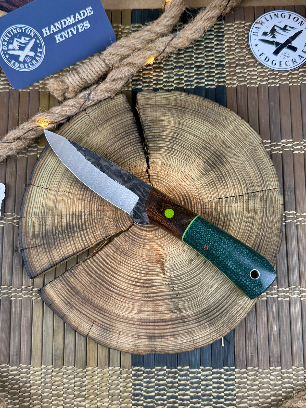 Sugar Mama - Green Jute Micarta with Desert Ironwood Bolsters - Tapered A2
