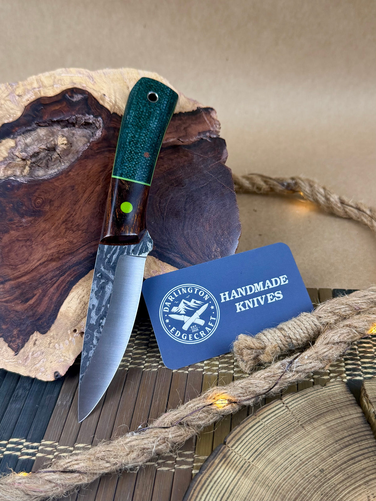 Sugar Mama - Green Jute Micarta with Desert Ironwood Bolsters - Tapered A2